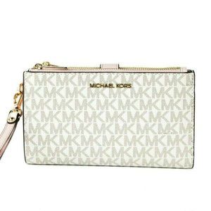 Michael Kors Jet Set Travel Signature Leather Large Double Zip Wristlet Wallet